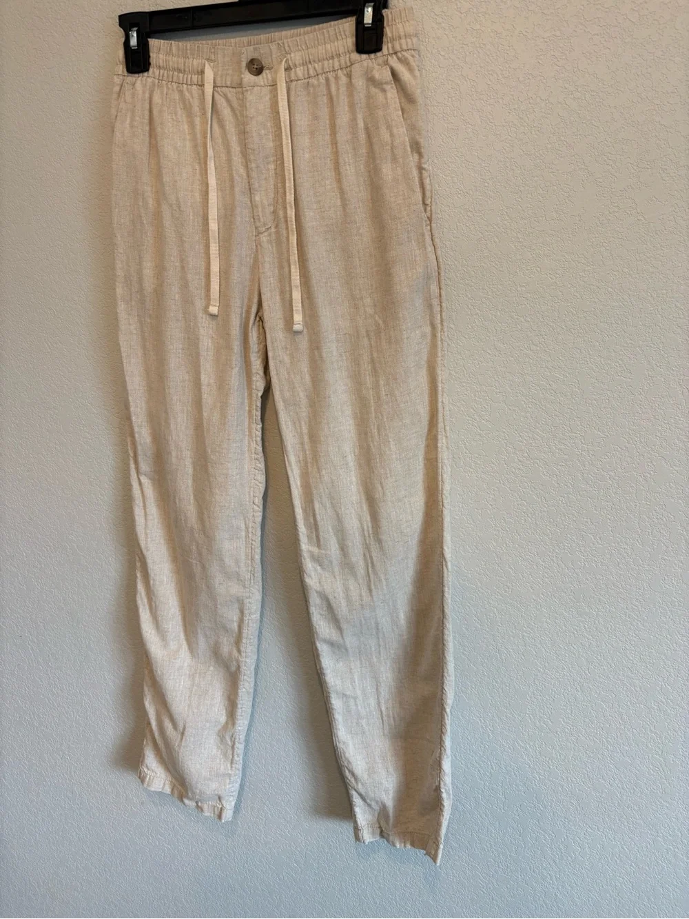 H&M Linen Blend Drawstring Pants XS Beige Oatmeal Pull On Tapered Casual